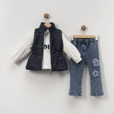 Çiçek İşlemeli Yelekli Pantolonlu 3'lü Set - Lacivert