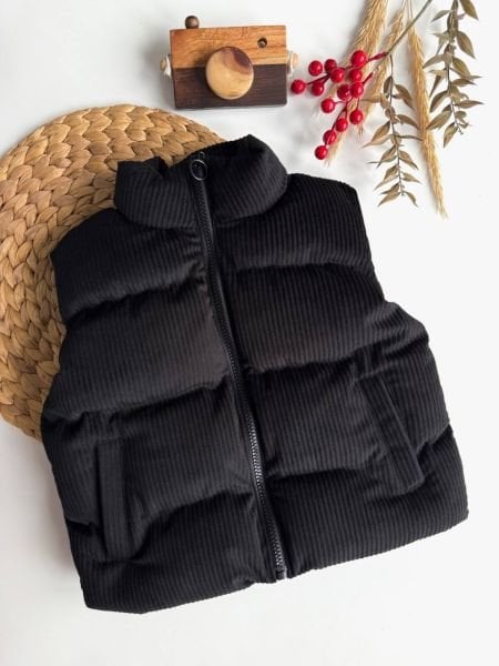 Kadifemsi Dokulu Unisex Yelek - Siyah