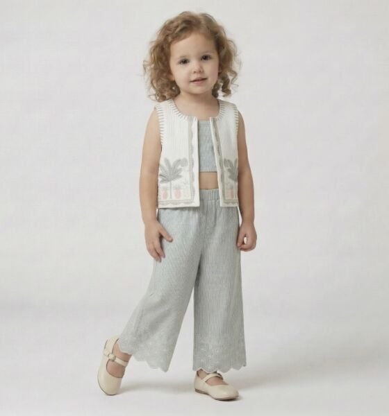 Asarkids Fisto Paçalı Yelekli Nakışlı 3'lü Takım - Beyaz Yeşil