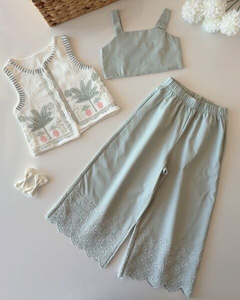 Asarkids Fisto Paçalı Yelekli Nakışlı 3'lü Takım - Beyaz Yeşil