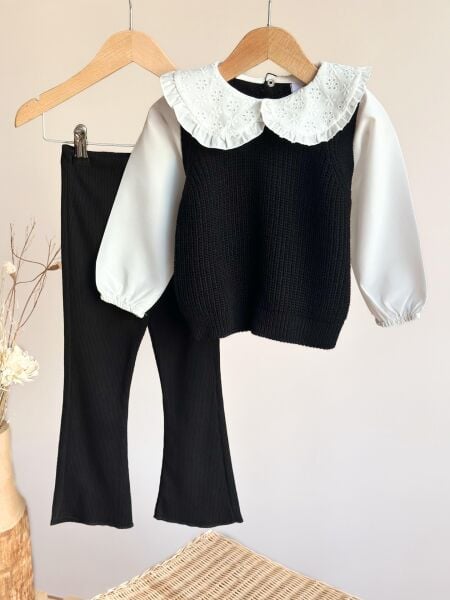 Fisto Yakalı Triko Taytlı Takım - Siyah