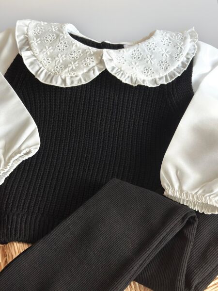 Fisto Yakalı Triko Taytlı Takım - Siyah