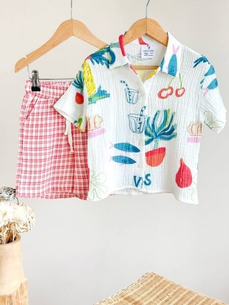 Asarkids Summer Enjoy Kareli Şortlu Gömlekli 2'li Takım - Kırmızı Beyaz