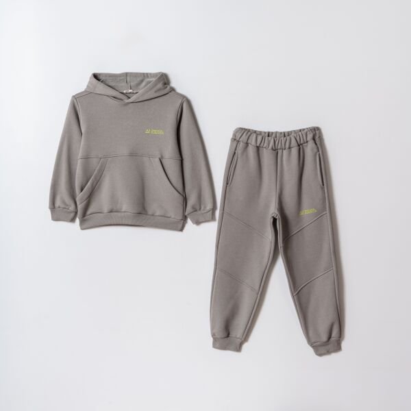 Basic Kapüşonlu Şardonlu Takım - Gri