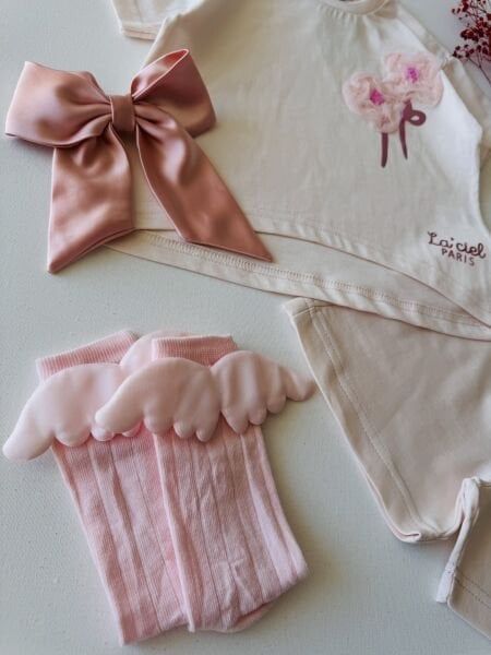 Tül Gül Aplikeli Sloganlı Gülce 2’li Takım - Pudra