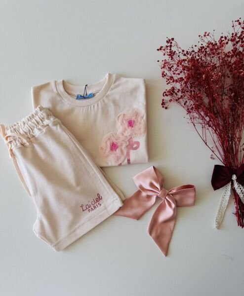 Tül Gül Aplikeli Sloganlı Gülce 2’li Takım - Pudra