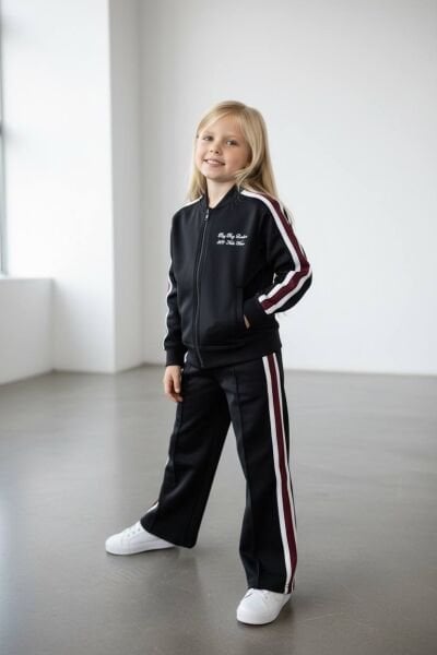 Şeritli Fermuarlı Modal Kumaş 2'li Takım - Siyah