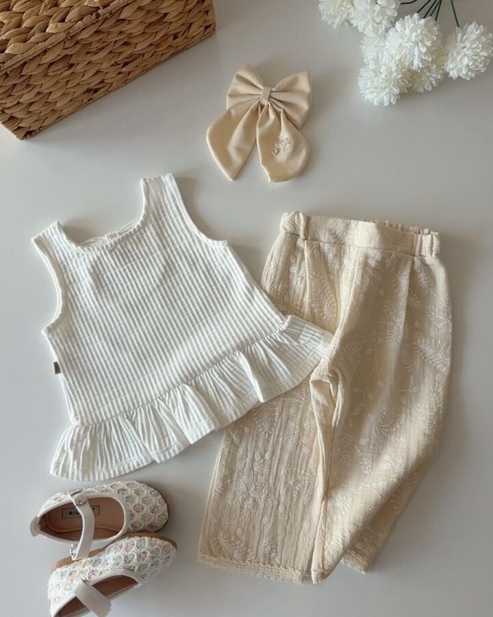 Asarkids Brode Nakışlı 2'li Takım - Beyaz Krem