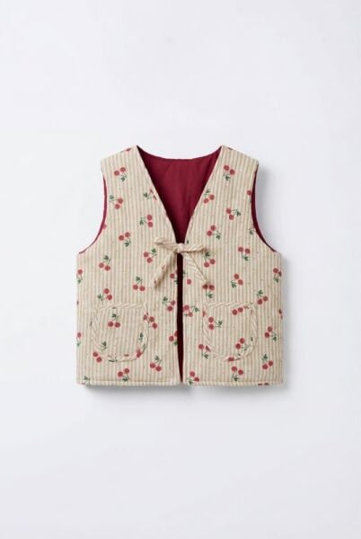 Asarkids Kiraz Baskılı Astarlı Yelek - Krem