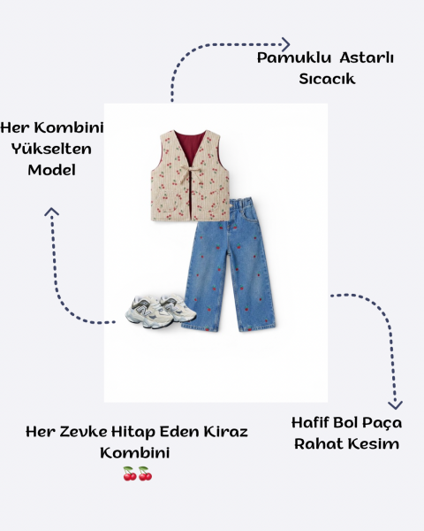 Asarkids Kiraz Baskılı Astarlı Yelek - Krem