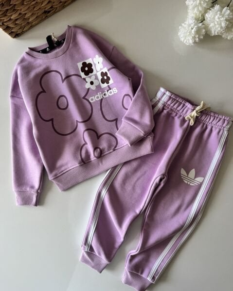 3 Çizgili Papatya Desenli Eşofman Takımı - Lila