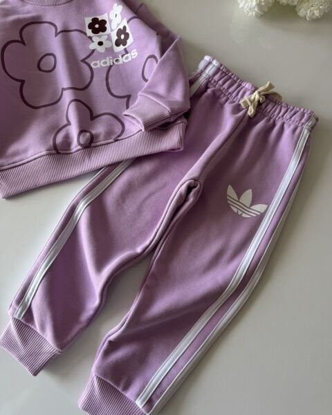 3 Çizgili Papatya Desenli Eşofman Takımı - Lila