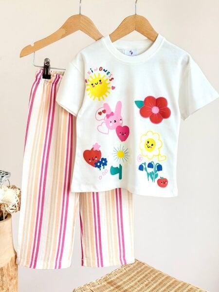 Asarkids Çiçek Baskılı Çizgili Pantolonlu 2'li Set - Pembe Sarı Beyaz