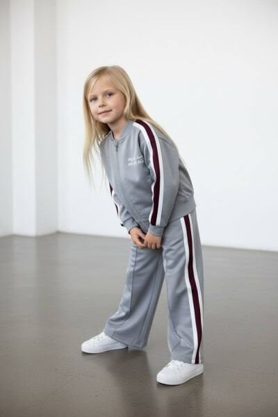 Şeritli Fermuarlı Modal Kumaş 2'li Takım - Gri