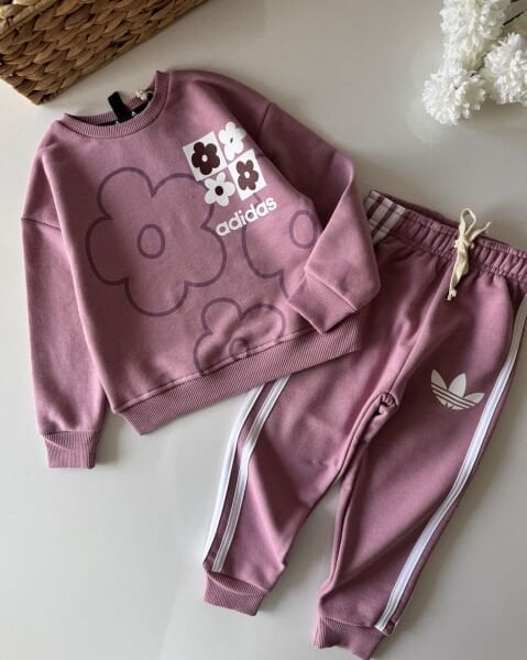 3 Çizgili Papatya Desenli Eşofman Takımı - Gül Kurusu