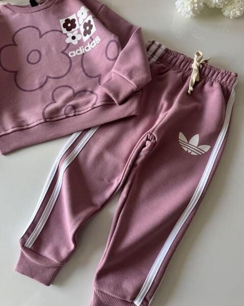 3 Çizgili Papatya Desenli Eşofman Takımı - Gül Kurusu