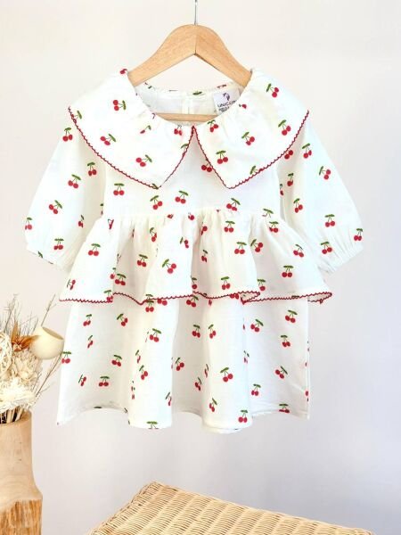 Asarkids Kiraz Baskılı Fırfırlı Elbise - Beyaz