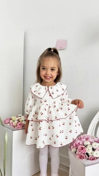 Asarkids Kiraz Baskılı Fırfırlı Elbise - Beyaz