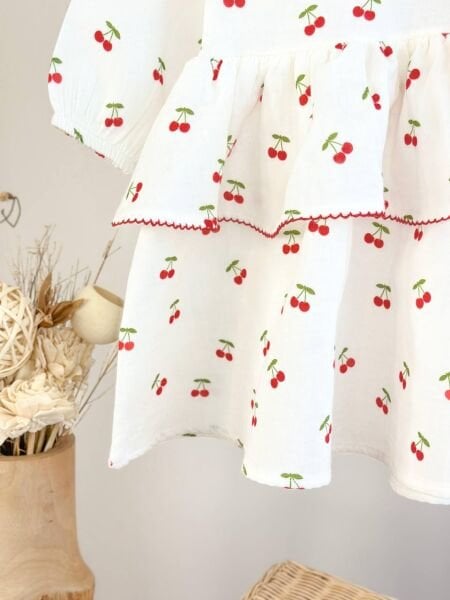 Asarkids Kiraz Baskılı Fırfırlı Elbise - Beyaz