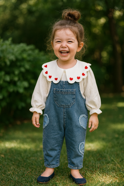 Kalp Yakalı Denim Salopet - Mavi