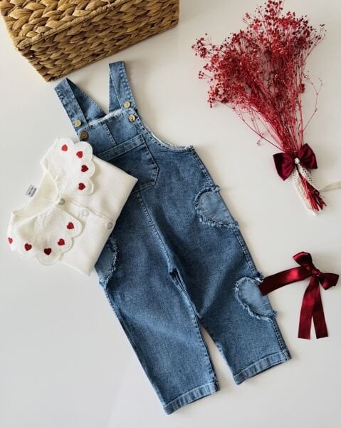 Kalp Yakalı Denim Salopet - Mavi