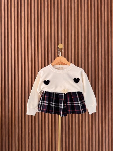 Kalp Punch Nakışlı Kareli Etekli Takım - Lacivert