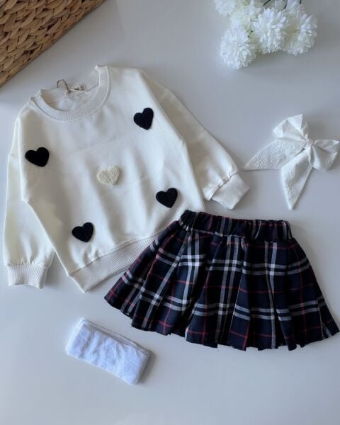 Kalp Punch Nakışlı Kareli Etekli Takım - Lacivert