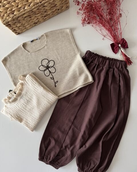 Papatya Nakışlı Bohem Tarz 4'lü Set - Krem Kahve