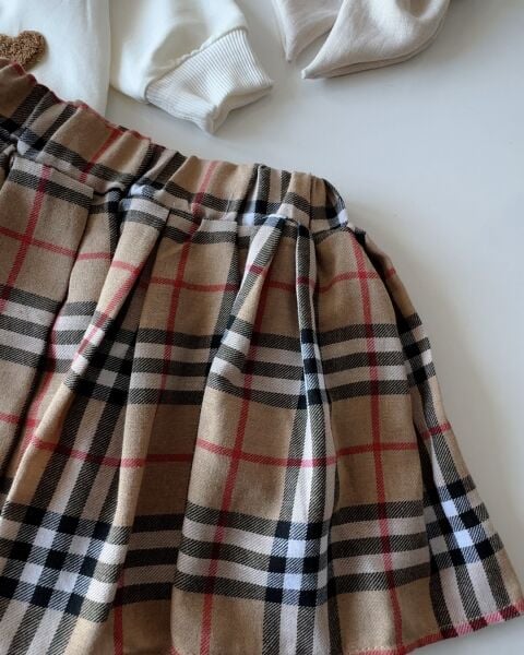 Kalp Punch Nakışlı Kareli Etekli Takım - Kahve