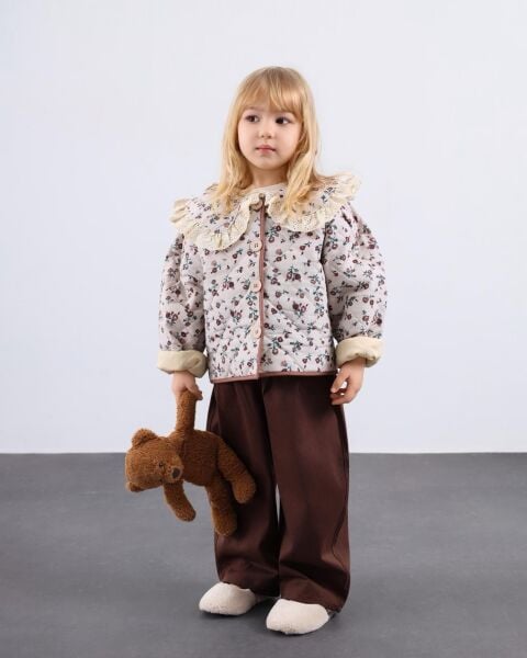 Asarkids Yaka Nakışlı Kapitone Ceket - Kahve Krem