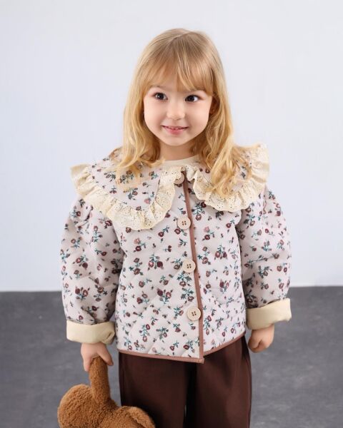 Asarkids Yaka Nakışlı Kapitone Ceket - Kahve Krem