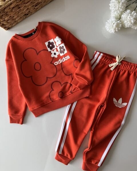 3 Çizgili Papatya Desenli Eşofman Takımı -  Kırmızı