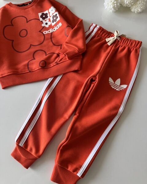 3 Çizgili Papatya Desenli Eşofman Takımı -  Kırmızı