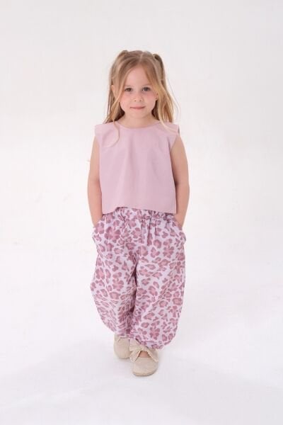 Asarkids Leopar Desenli Sırttan Bağlamalı Bol Paça 2'li Takım -  Pembe