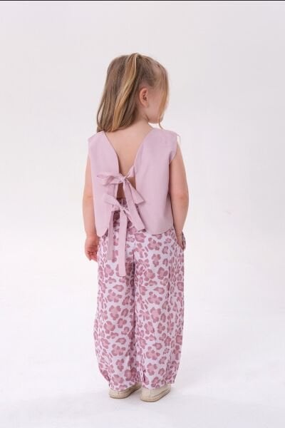 Asarkids Leopar Desenli Sırttan Bağlamalı Bol Paça 2'li Takım -  Pembe