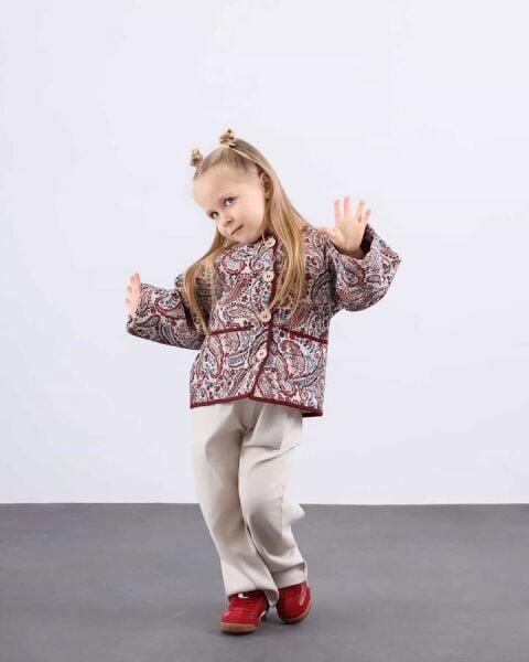 Asarkids Etnik Desen Kapitone Ceket  - Bordo Krem