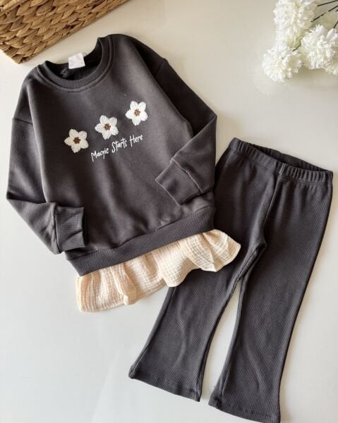 Gömlek Detaylı Çiçek Nakış İşlemeli Taylı Takım - Füme