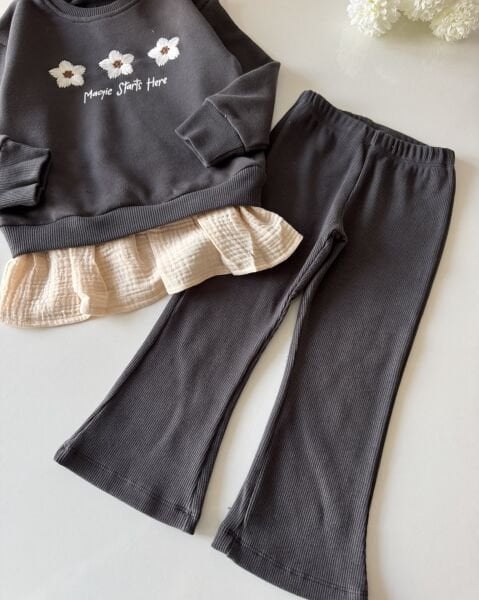 Gömlek Detaylı Çiçek Nakış İşlemeli Taylı Takım - Füme