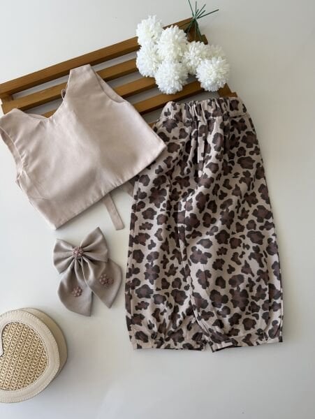 Asarkids Leopar Desenli Sırttan Bağlamalı Bol Paça  2'li Takım -  Soft Kahverengi
