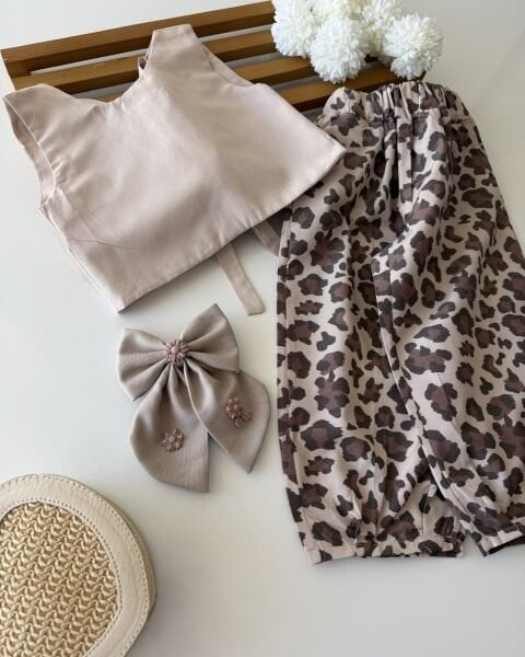Asarkids Leopar Desenli Sırttan Bağlamalı Bol Paça  2'li Takım -  Soft Kahverengi
