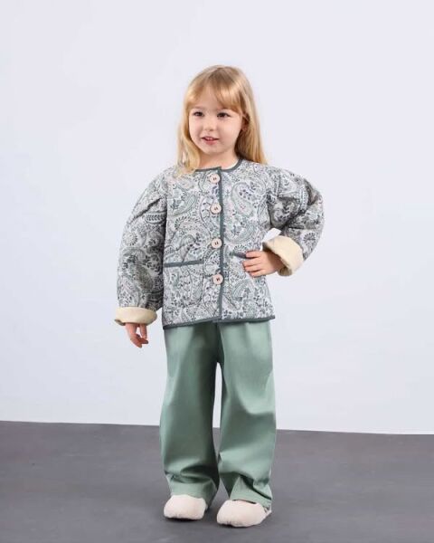 Asarkids Etnik Desen Kapitone Ceket  - Mint Yeşili Krem