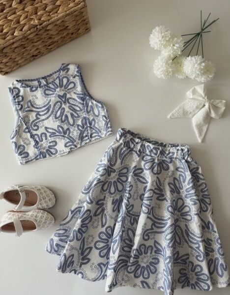 Asarkids Fistolu Etek Bluz 2'li Takım - Alaçatı Mavi Beyaz