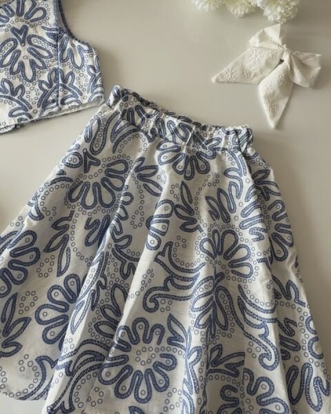 Asarkids Fistolu Etek Bluz 2'li Takım - Alaçatı Mavi Beyaz