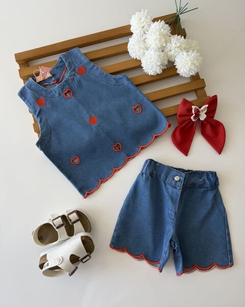 Asarkids Kalp Nakışlı Denim Yelek Şort 2'li Takım - Mavi