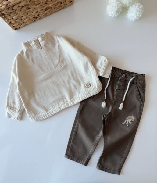 Yarım Fermuarlı Pantolon Takım - Kahve Krem