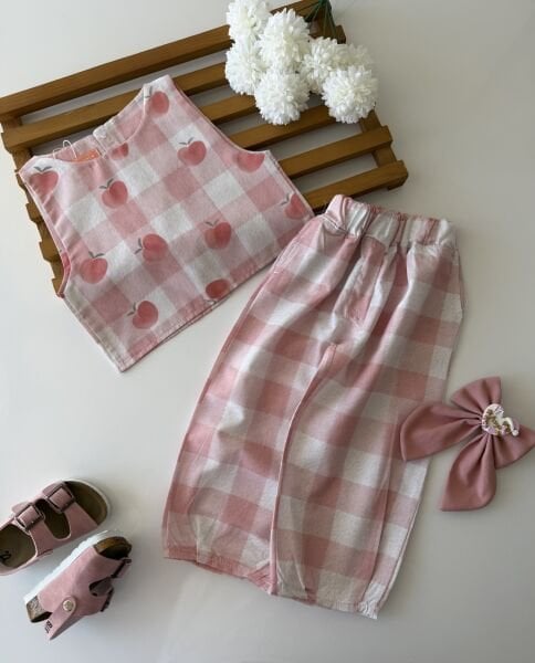Asarkids Şeftali Desenli Bol Paça Pantolonlu 2'li Takım - Soft Pembe Pötikare
