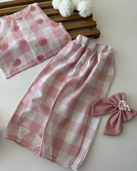Asarkids Şeftali Desenli Bol Paça Pantolonlu 2'li Takım - Soft Pembe Pötikare