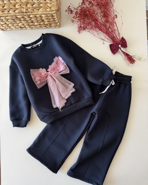 Şardonlu Tül Fiyonk Aplikeli İpek Takım - Lacivert