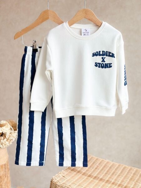 Sloganlı Çizgili Takım - Beyaz