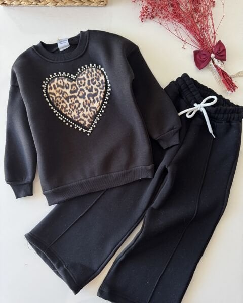 Şardonlu Kalp Leopar Nakışlı Melis Takım - Siyah
